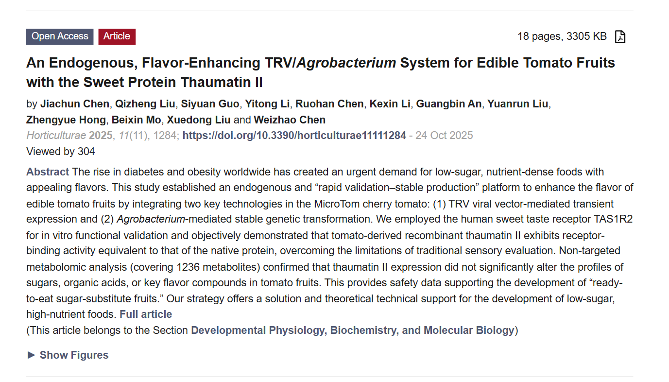 MK网页版登录入口iGEM团队本科生在国际期刊《Horticulturae》发表番茄风味增强研究成果